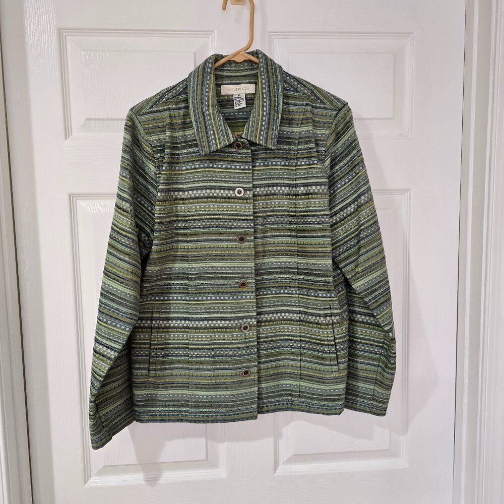 Appleseed's Tweed/Woven Striped Button Up Blazer Front Pockets Green Blue‎ Sz 14